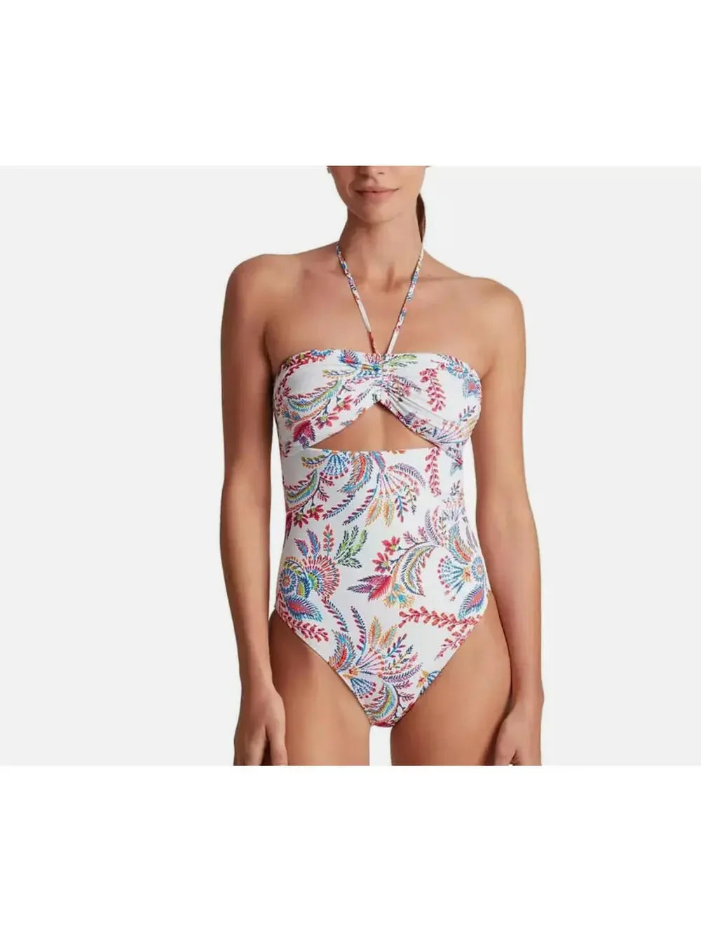 Ralph Lauren Off White Floral Cut Out Bandeau One Piece Swimsuit 10 NWT